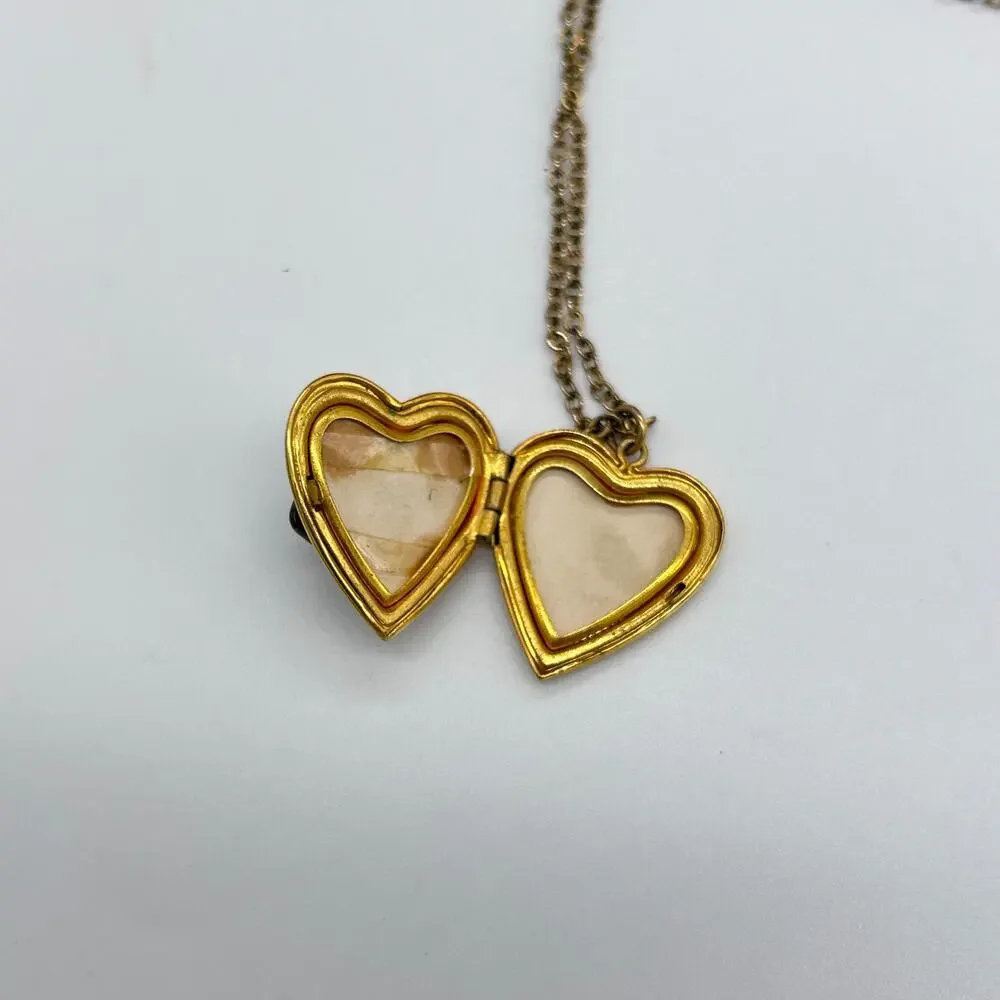 Vintage Locket Enamel Heart Rhinestone Flower Gold Tone Necklace Art Deco Floral